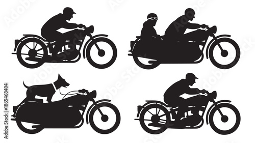 Vintage Motorcycle Sidecar Silhouettes Collection with Riders and Dog Isolated on White