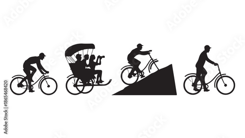 People Cycling Bicycles and Riding Rickshaw Isolated on White Silhouette Vector