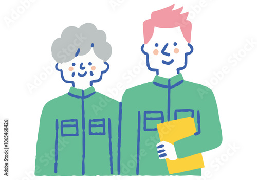 Elderly women and young men in work clothes lined up_color