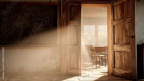 Sunlight Streaming Through Open Door in Abandoned Old Classroom with Dusty Floor and Chalkboard