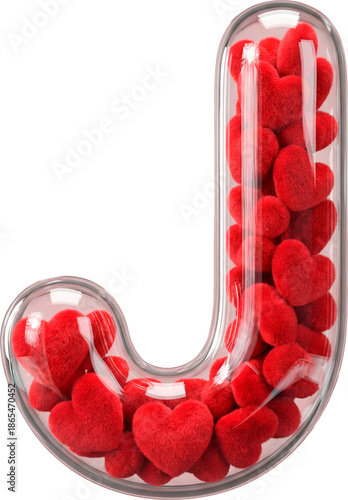 3D Capital Letter J made of Transparent Glass Filled with Red Plush Hearts for Valentine's Day isolated on White Background