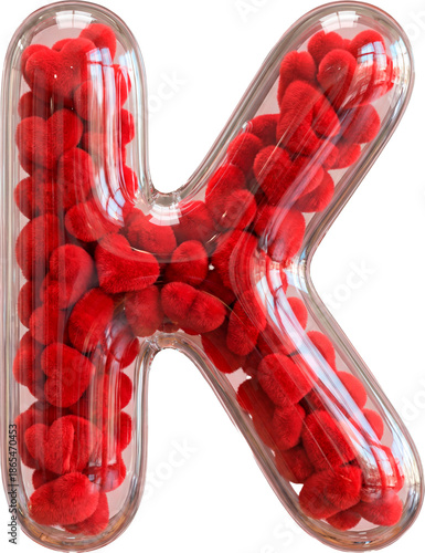 3D Capital Letter K made of Transparent Glass Filled with Red Plush Hearts for Valentine's Day isolated on White Background