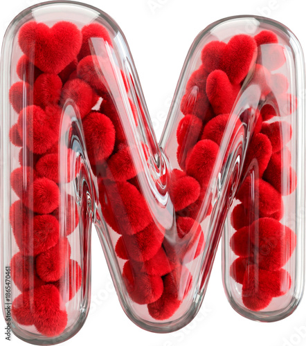 3D Capital Letter M made of Transparent Glass Filled with Red Plush Hearts for Valentine's Day isolated on White Background
