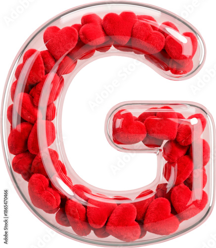 3D Capital Letter G made of Transparent Glass Filled with Red Plush Hearts for Valentine's Day isolated on White Background