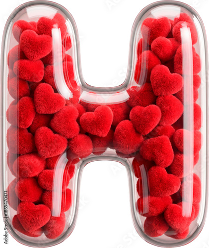 3D Capital Letter H made of Transparent Glass Filled with Red Plush Hearts for Valentine's Day isolated on White Background