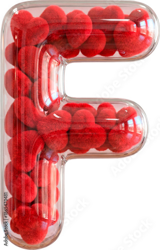 3D Capital Letter F made of Transparent Glass Filled with Red Plush Hearts for Valentine's Day isolated on White Background