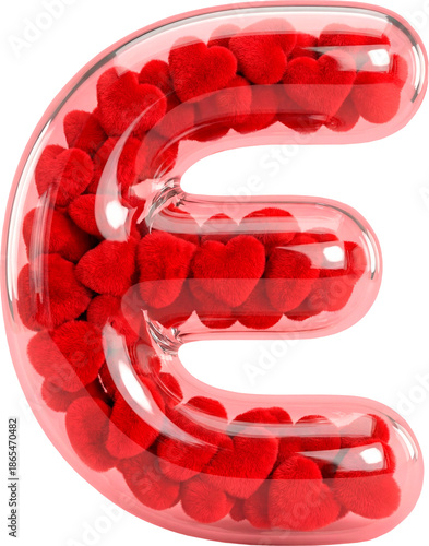 3D Capital Letter E made of Transparent Glass Filled with Red Plush Hearts for Valentine's Day isolated on White Background