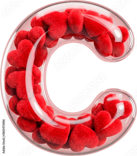 3D Capital Letter C made of Transparent Glass Filled with Red Plush Hearts for Valentine's Day isolated on White Background