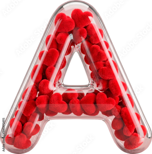 3D Capital Letter A made of Transparent Glass Filled with Red Plush Hearts for Valentine's Day isolated on White Background