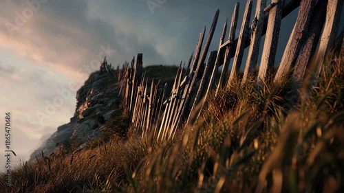 Sunset Light Casting on Old Wooden Fence on Grassy Hill with Slow Pan Camera Movement
