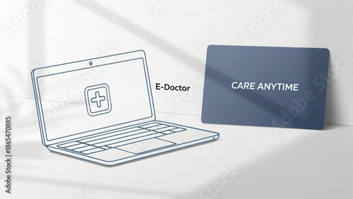 Minimal design featuring a laptop and a medical care card