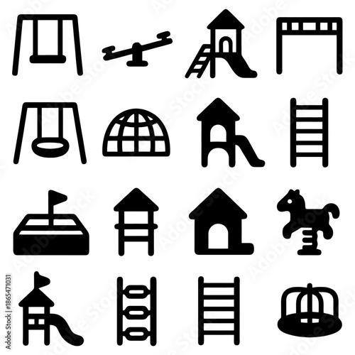 Playground Equipment: Playful and varied playground equipment for leisure. Including swings, seesaws, slides, climbing frames, and a carousel. Symbols, illustrations.
