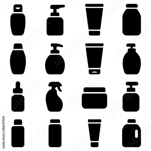 Cosmetic product containers silhouettes: A collection of cosmetic containers are illustrated, each holding a different essential personal care product, conveying the beauty and simplicity of routine.