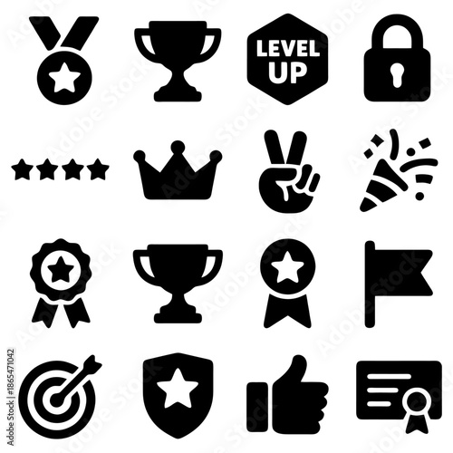 Achievement Icons Set: A collection of diverse achievement icons, symbols of accomplishment. A dynamic compilation of badges, and rewards.