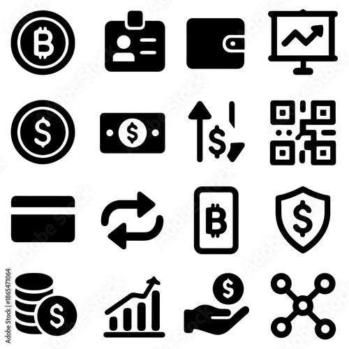 Digital Finance: A collection of concise, modern icons representing the core aspects of digital finance, suitable for various financial or technological applications.