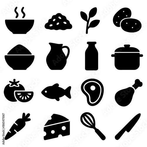 Culinary Essentials: A graphic arrangement showcases various icons representing essential ingredients and tools, including a steaming bowl of soup, a mound of rice, sprigs, potatoes, a pitcher.