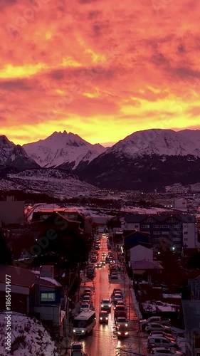 Wallpaper Mural Sunset Sky In Ushuaia Patagonia Argentina. Aerial View Of A Bustling Downtown Cityscape With Modern Buildings. Outdoor Travel Patagonia Golden Hour. Outdoor Landmark Patagonia High Angle View. Torontodigital.ca