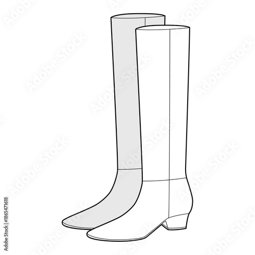 Classic block heel knee-high boot women sketch pair. Smooth shaft with stacked heel for timeless style wear. Technical fashion illustration CAD mockup detailed vector men unisex isolated elegant style