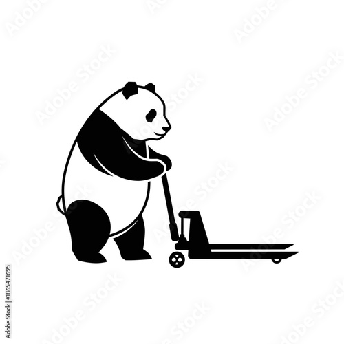 Vector icons Panda Bear Operating a Pallet Jack Black and White Vector Illustration. EPS Editable