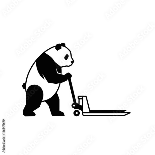 Vector icons Panda Bear Operating Pallet Jack Black and White Illustration. EPS Editable