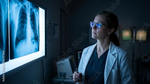 A focused female doctor meticulously examining patient chest X-ray images on a light box in a dimly lit medical facility for accurate diagnosis and treatment planning