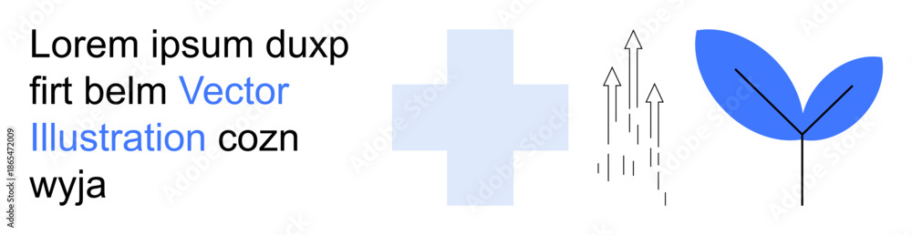 Obraz premium Growth, healthcare, innovation, nature, progress, future development. A cross and a blue leaf with arrows pointing upwards. Growth and healthcare innovation theme visually
