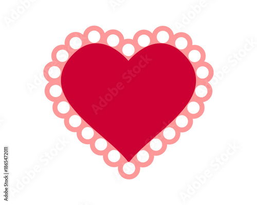 Paper or textile red heart shape with ruffles borders. Template for Valentine Day card, tag or label with lace edges isolated on white background. Vector flat illustration.