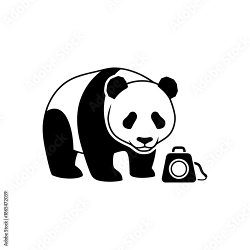 Vector icons Panda Bear with Camera Minimalist Black and White Illustration. EPS Editable