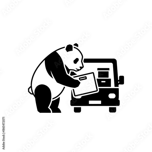 Vector icons Panda Delivering Package to a Van. EPS Editable