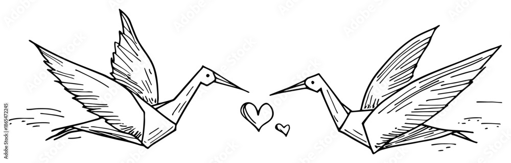 Fototapeta premium Sketch of two paper origami cranes in love facing each other