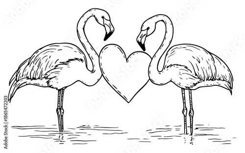 Two flamingos forming a heart shape with their necks in sketch style