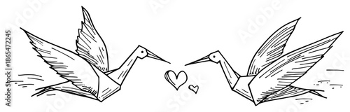 Sketch of two paper origami cranes in love facing each other