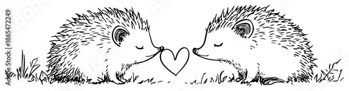 Two cute hedgehogs in love kissing with a heart in a sketch style