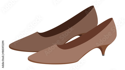 Brown kitten heel pump shoe women flat pair. Closed toe dress shoe for business, event, day to night outfit. Technical fashion illustration, CAD mockup, soft vector men unisex isolated modern style.