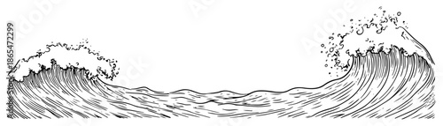 Big ocean wave crashing with foam in hand drawn sketch style