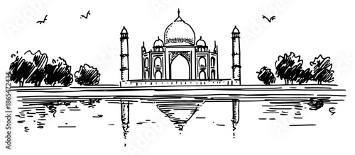 Front view sketch of the Taj Mahal with reflection in water