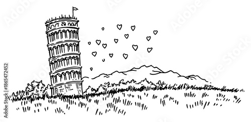 Leaning Tower of Pisa sketch with floating hearts and grass