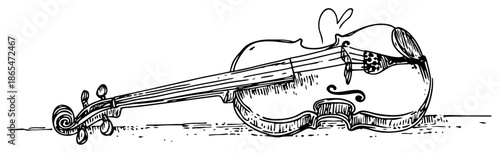 Classical violin lying down with a small heart symbol sketch