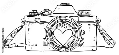 Old vintage camera with heart shape inside the lens in sketch style