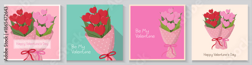 Happy Valentine's Day banner for social media posts, poster, templates with modern love flower style. Cute Flower Bouquet hearts background, lovely romantic design, great for Valentine's Day, Mother's