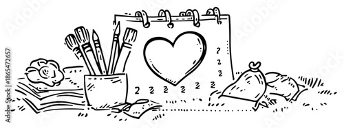 Sketch of artist workspace with brushes and calendar with heart