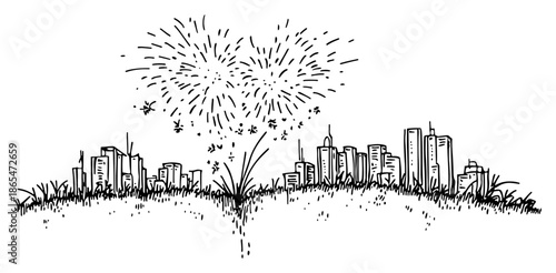Cityscape sketch with fireworks exploding in the shape of a heart