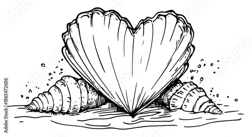 Large heart shaped seashell sitting on sand between two spiral shells