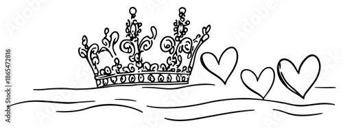 Royal crown with three hearts next to it in hand drawn sketch style