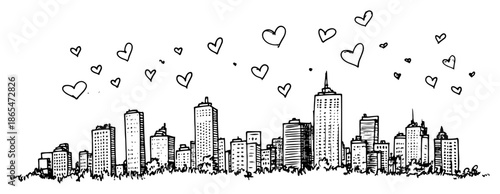 City skyline with floating hearts representing love in the air sketch style