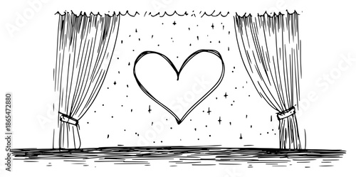 Hand drawn sketch of theater stage with curtains and floating heart