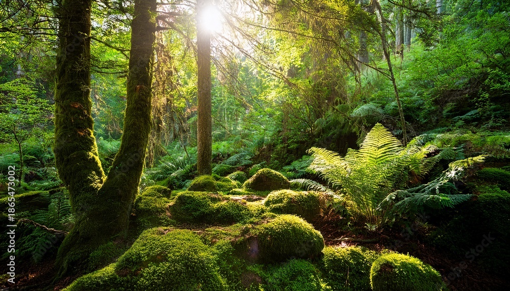 Fototapeta premium lush green forest with moss covered rocks and sunlit ferns