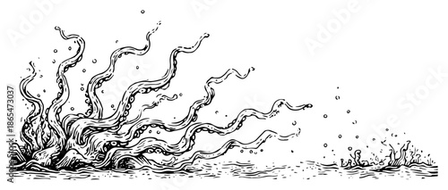 Hand drawn sketch of giant octopus tentacles rising from the sea
