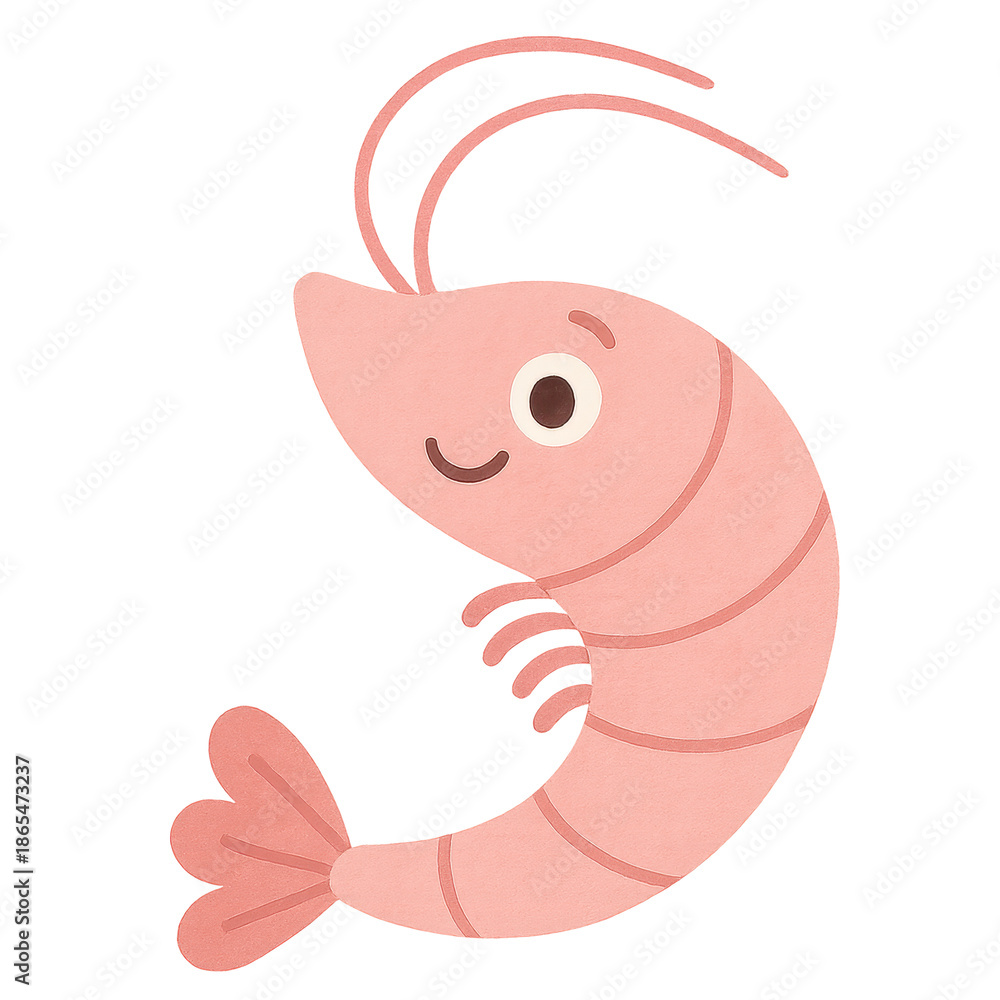 Obraz premium Playful Shrimp: A cheerful cartoon shrimp with a happy face, delicate pink shell, and charming smile. It embodies marine life's simple joys and friendly essence.