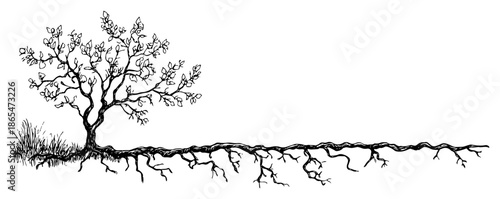 Tree with long spreading underground roots in hand drawn style